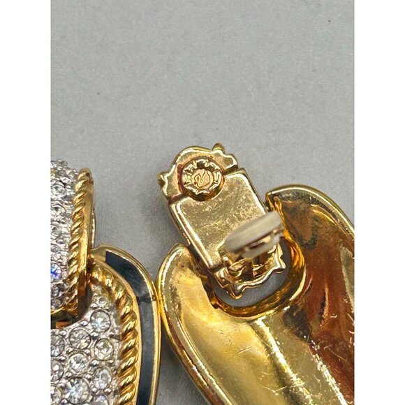 Swarovski Swan Signed Statement Clip Earrings Crystals Pave Gold & Black Enamel - Picture 7 of 10